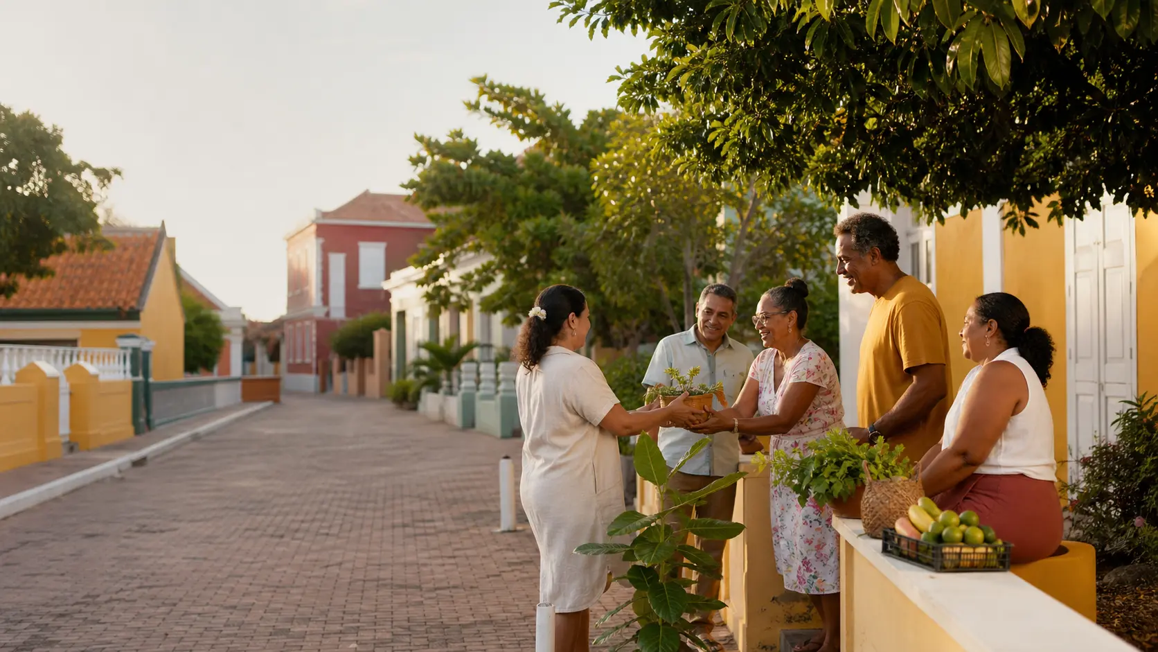 Neighbours sharing a generous moment on an island street.