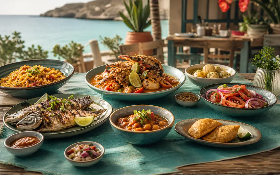 A sunlit island table with fresh food and the sea beyond.