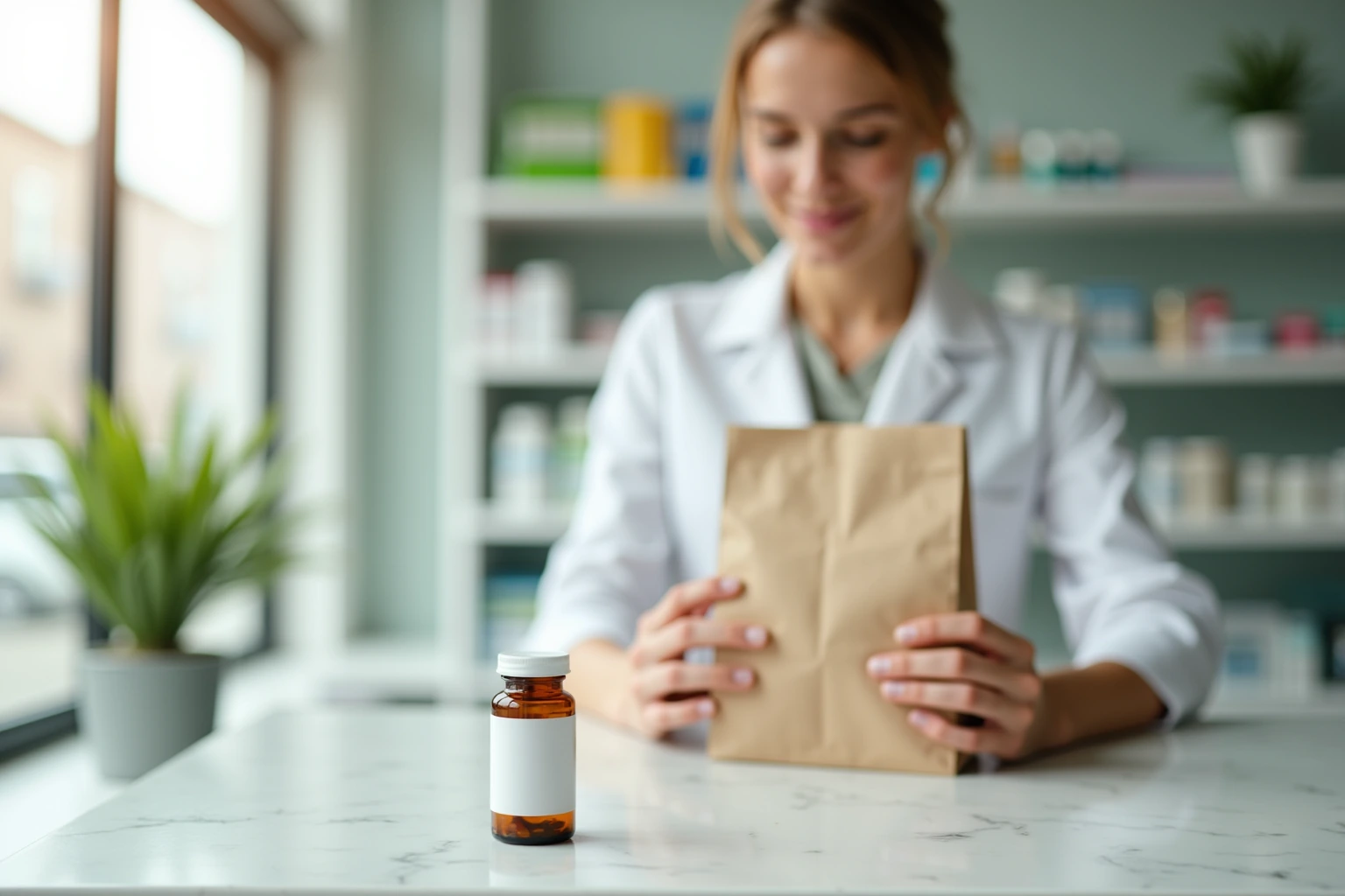 A pharmacist handing over a paper bag.