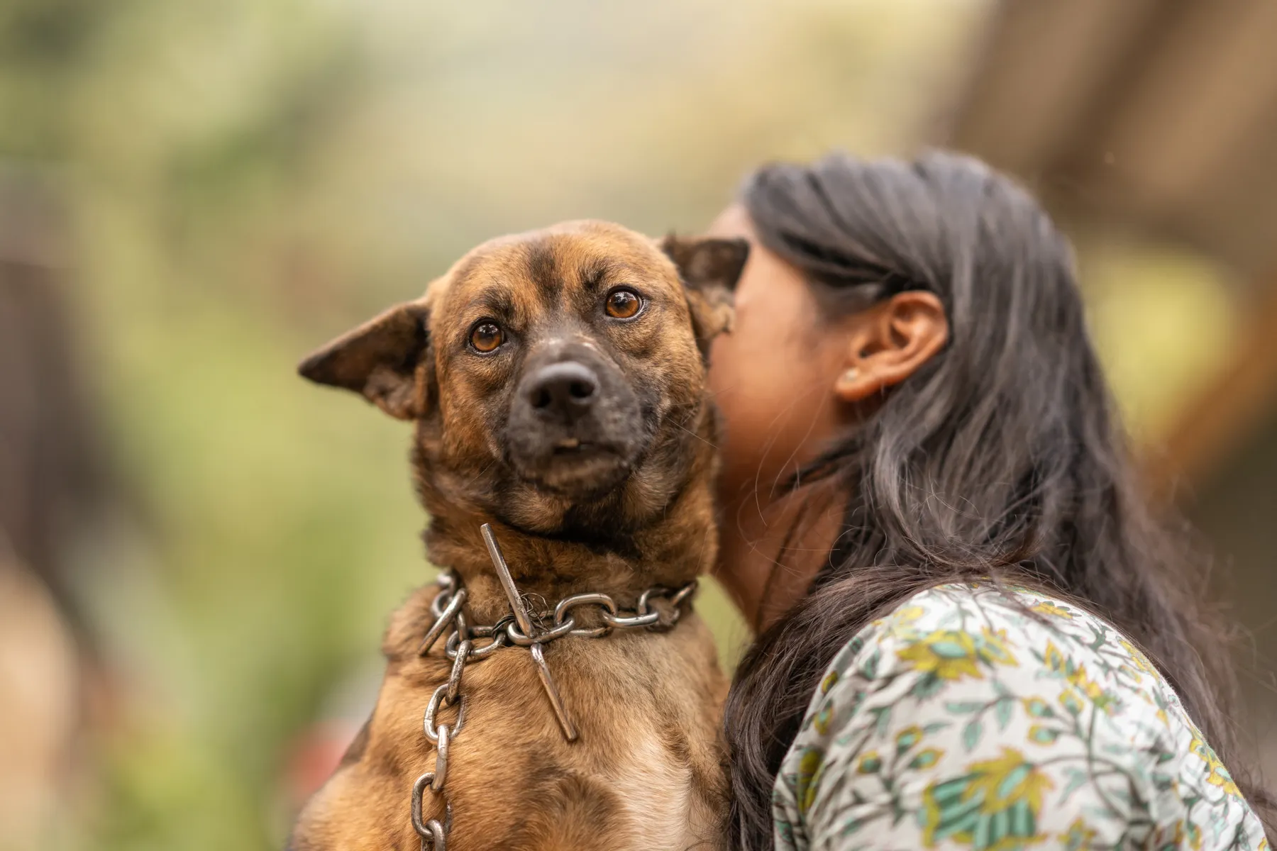 A woman affectionately embraces a calm brown dog outdoors.