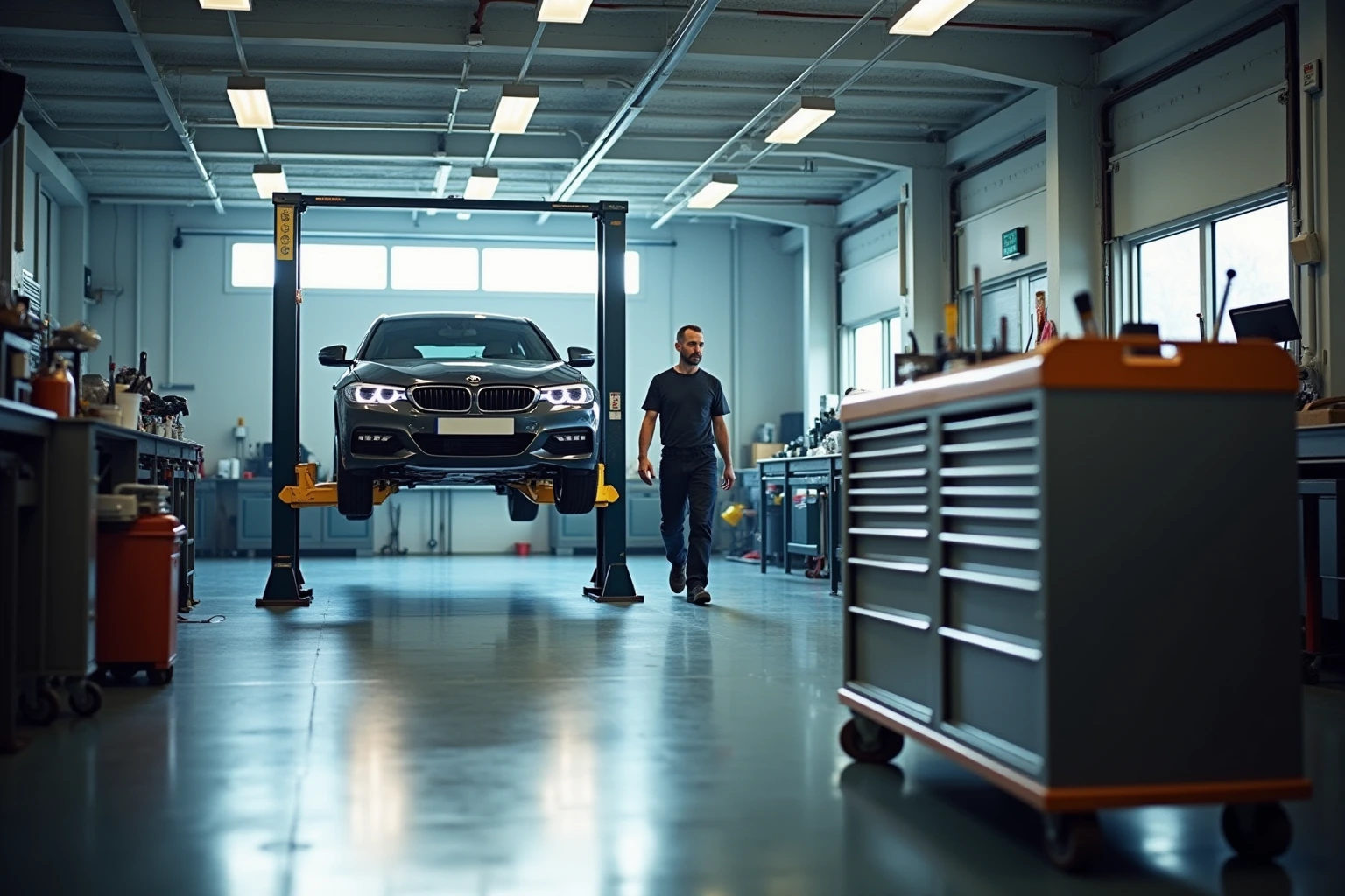 A vehicle inside an automotive workshop.