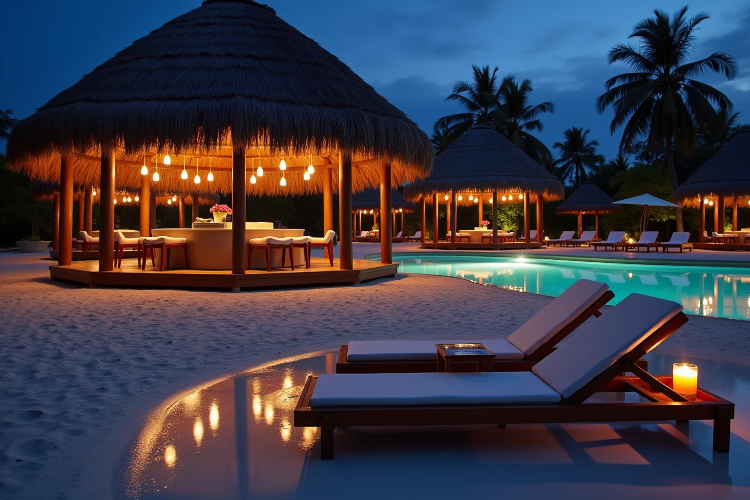 A warmly lit beach club beside a swimming pool.