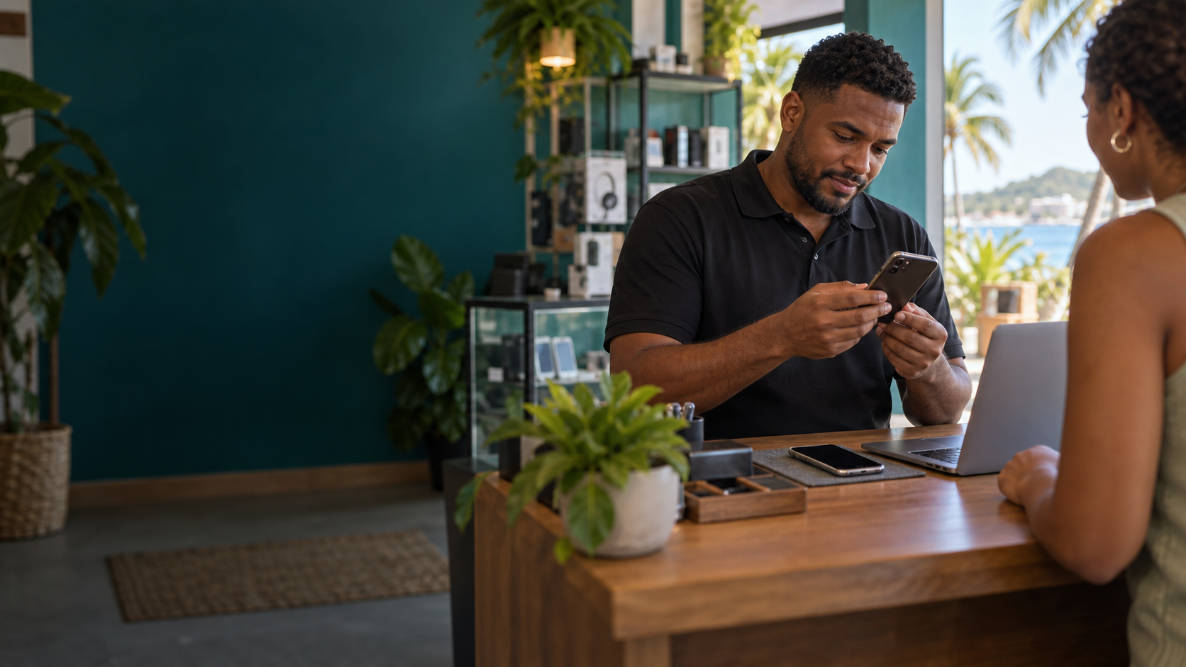 A person showing a phone at a local shop.